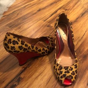 Luis Chung Leopard Leather Peep Toe Wedge Size 8.5